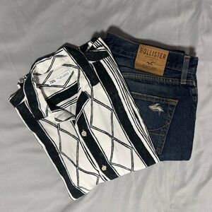 ZARA Black White Geometric Stripe Button Up Shirt | Short Sleeve | Size S